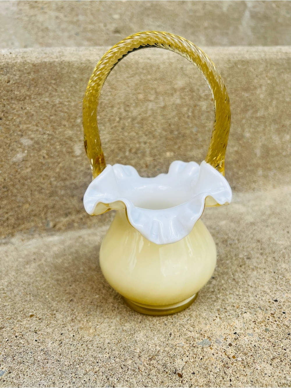 1980s Fenton Candleglow Yellow Ivory Crest Art Glass Basket